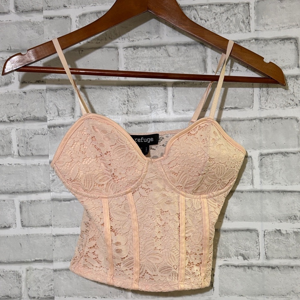 Refuge Lace corset Top, pale, pink floral sheer at the back, size small